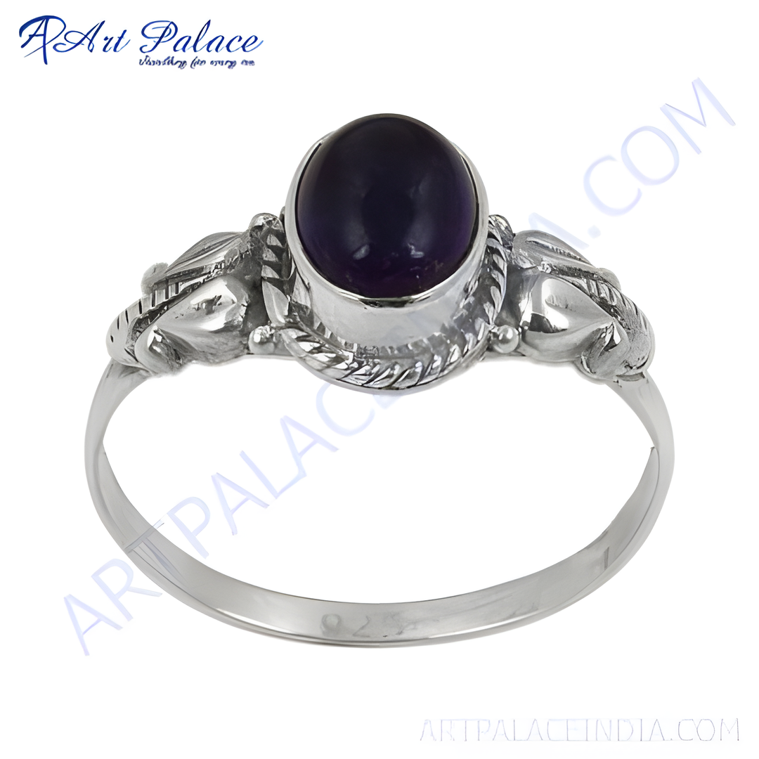 925 sterling silver ring with oval amethyst gemstone in a unique setting.