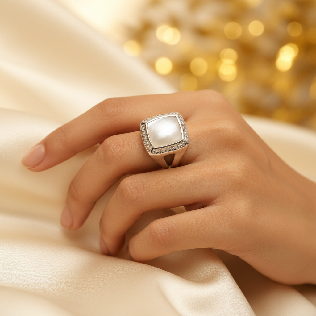 Silver Mother of Pearl Ring with CZ Accents | Women's Ring