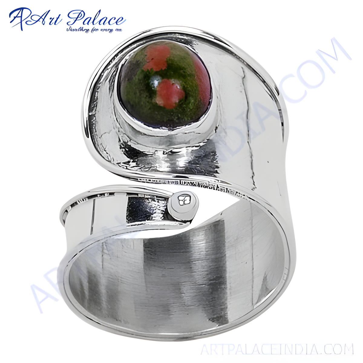 Sterling silver ring with a vibrant green and pink unakite stone, showcasing a unique design