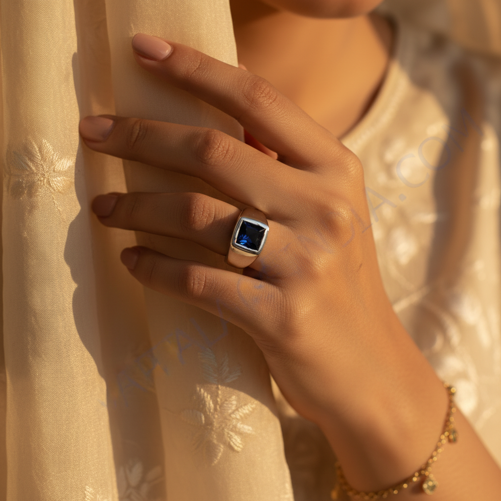 Silver Ring with Square Cut Sapphire | Men's Ring