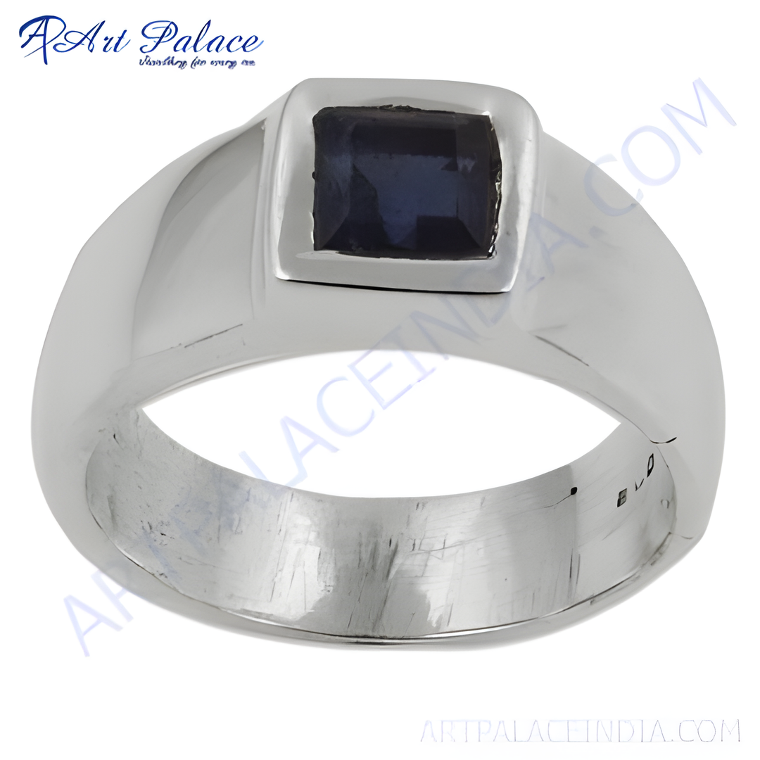 Sterling silver men's ring with a square-cut dark blue sapphire gemstone.