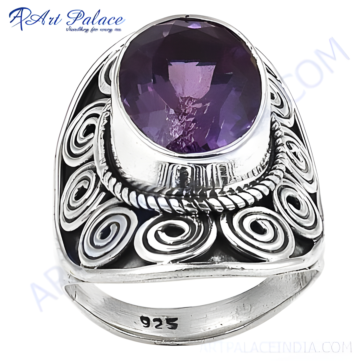 925 sterling silver amethyst ring with purple gemstone in a detailed setting