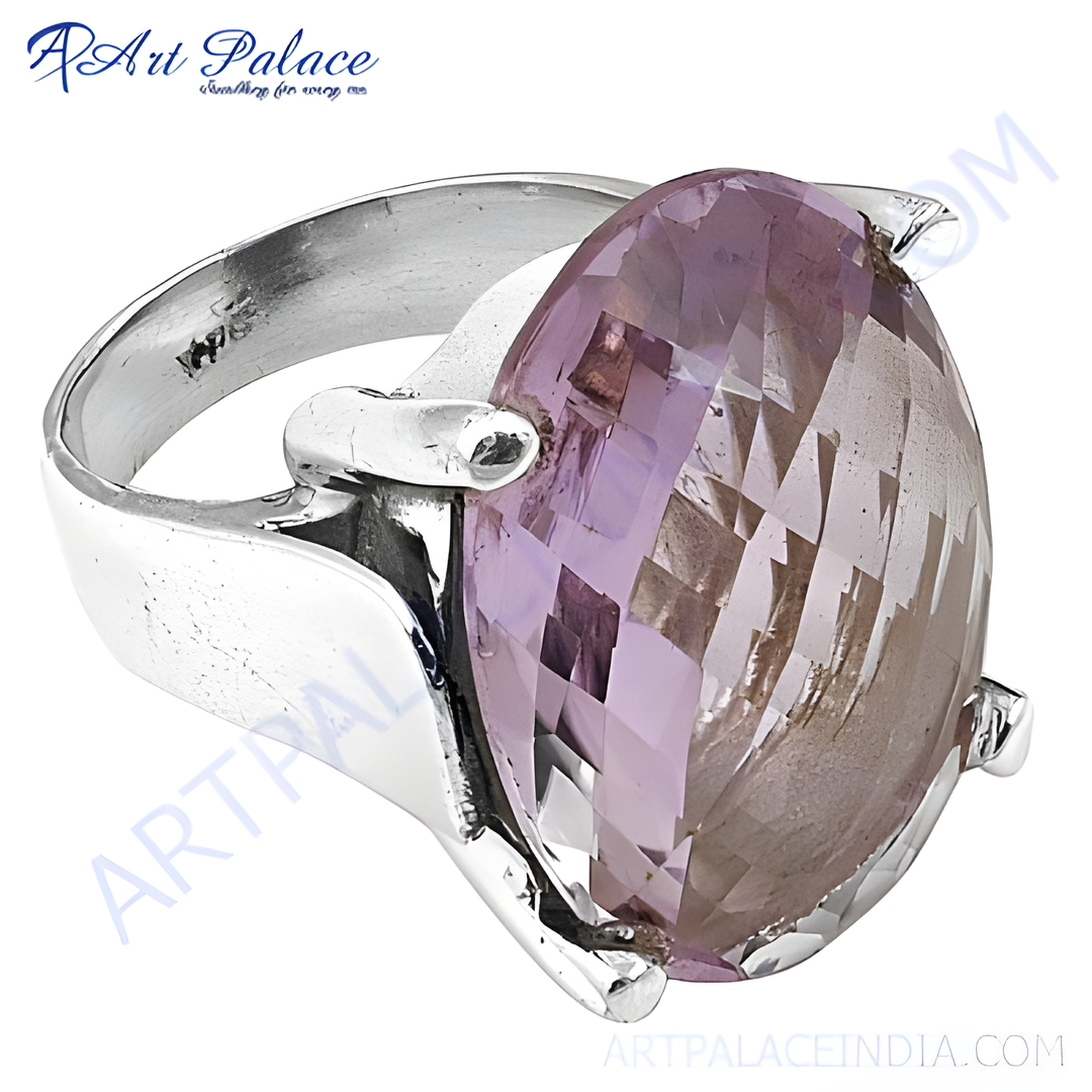 A stunning 925 sterling silver ring featuring a large, faceted purple amethyst gemstone, perfect for women