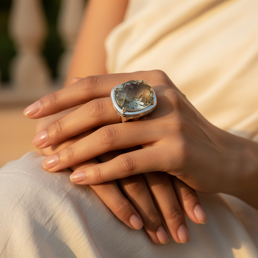 Silver Ring with Large Faceted Gemstone for Women