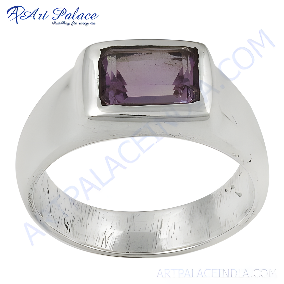 Sterling silver men's ring with rectangular purple amethyst gemstone.