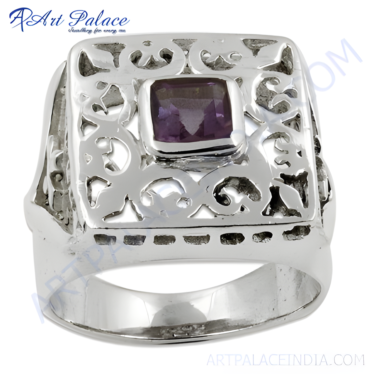 925 sterling silver mens ring with a square purple amethyst gemstone and intricate filigree design
