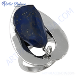 Load image into Gallery viewer, Sterling silver ring with a large, polished, deep blue lapis lazuli gemstone.
