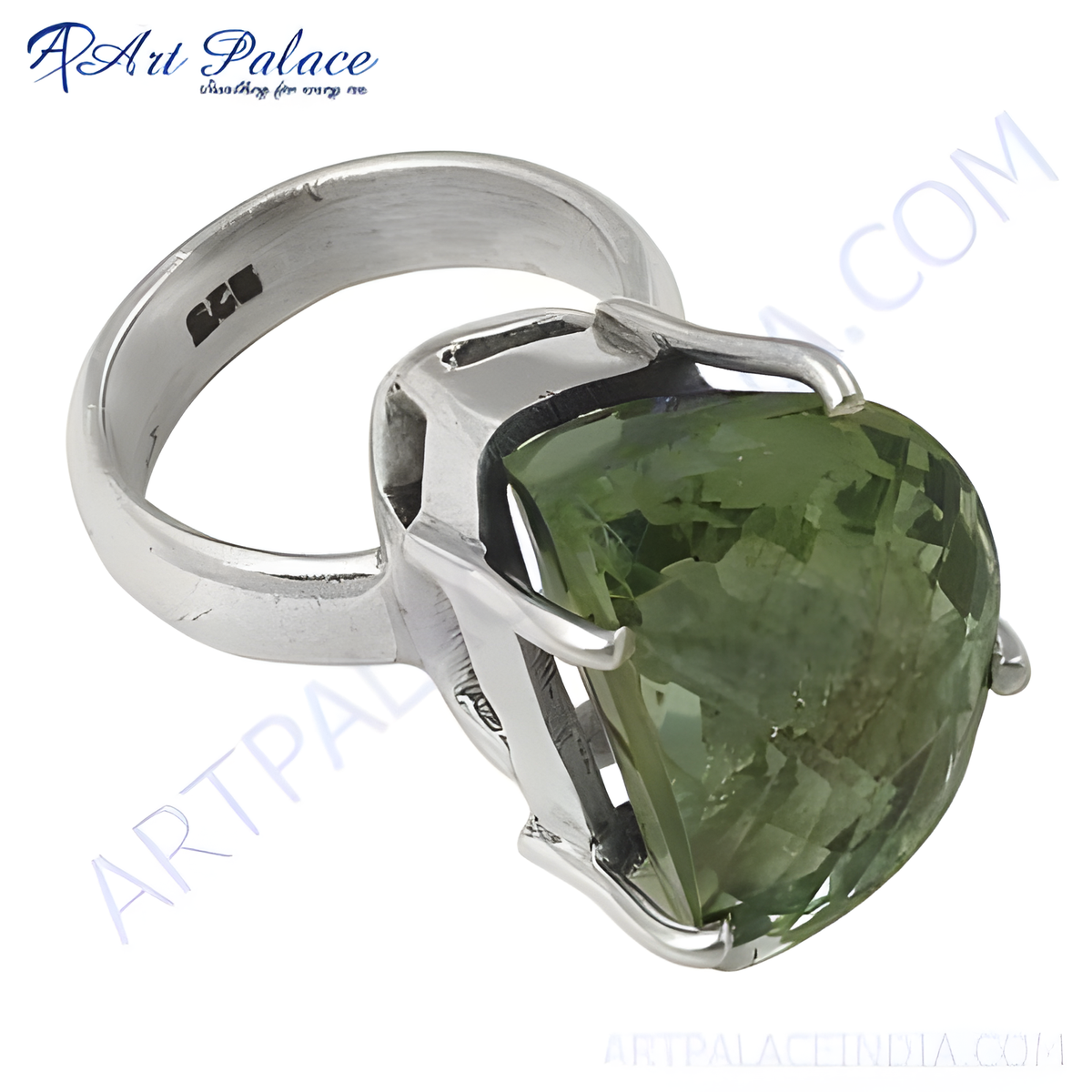 Sterling silver ring with a large green amethyst gemstone, faceted cut