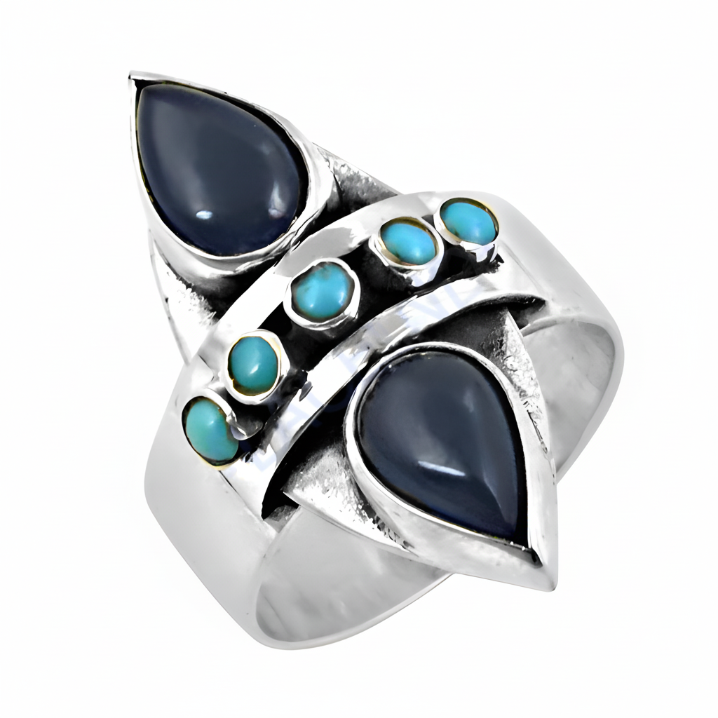 925 Sterling Silver Onyx & Turquoise Ring | Women's Fashion Jewelry