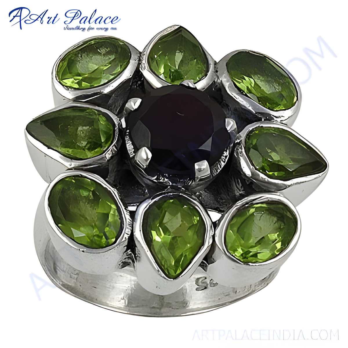 925 sterling silver ring with a central iolite stone and peridot gemstones for women
