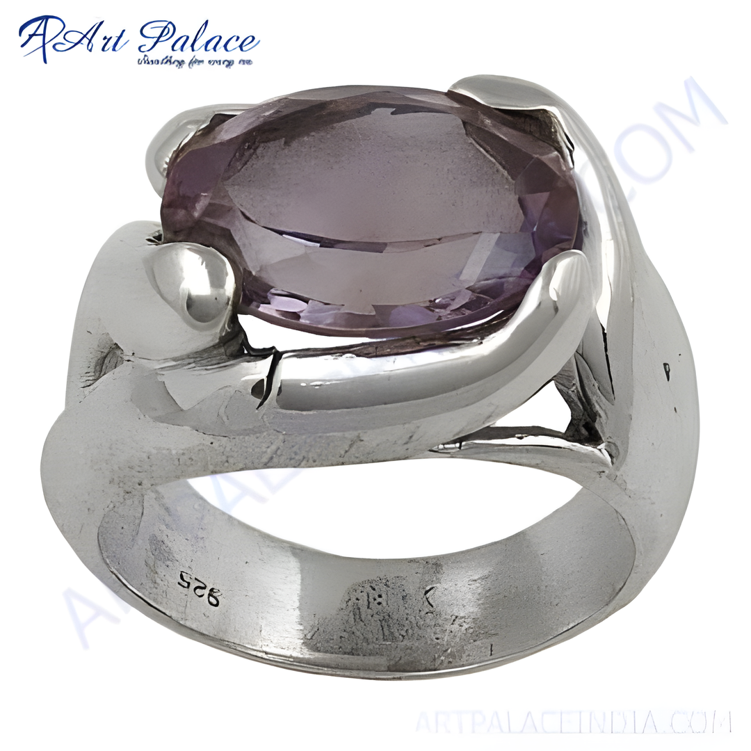925 sterling silver ring with a large oval-cut purple amethyst gemstone.