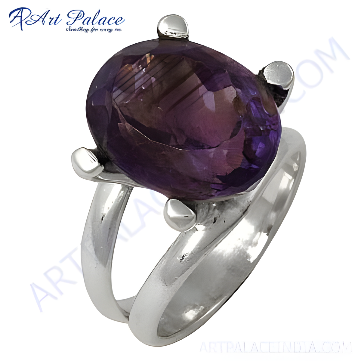 Sterling silver amethyst ring featuring a large, oval cut purple gemstone
