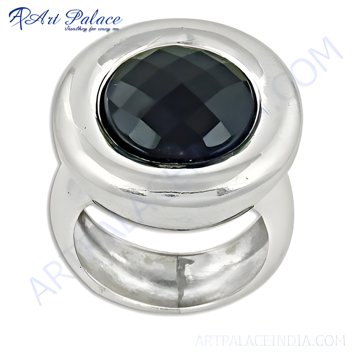 A silver ring with a large, faceted black gemstone set in a polished silver band