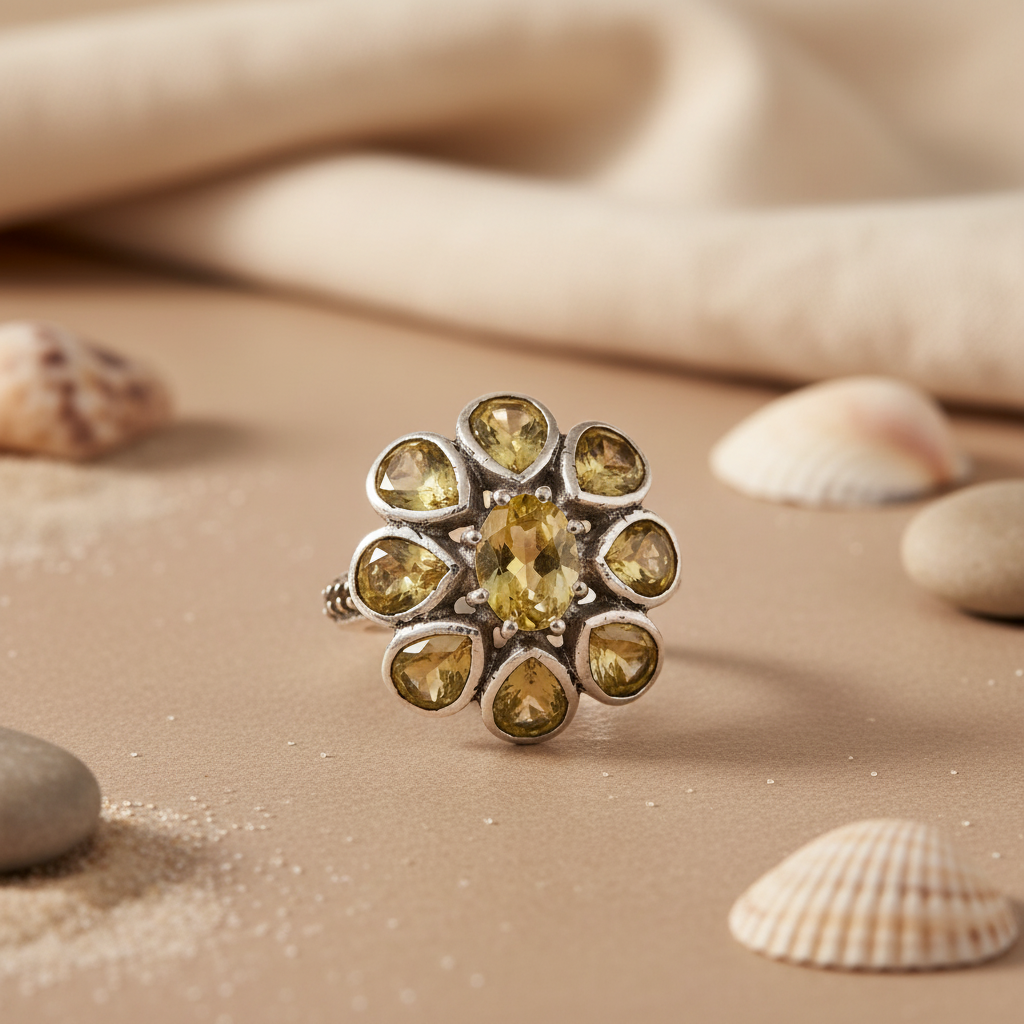 Citrine Gemstone Flower Ring | 925 Sterling Silver Ring for Women