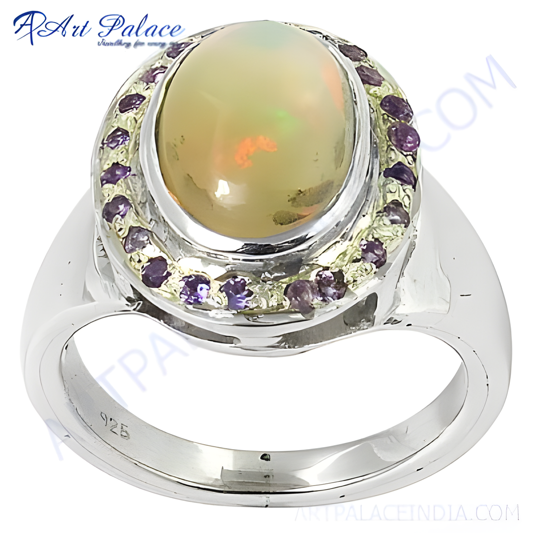 925 sterling silver opal ring with amethyst accents, showcasing an oval opal gemstone set in a silver band.