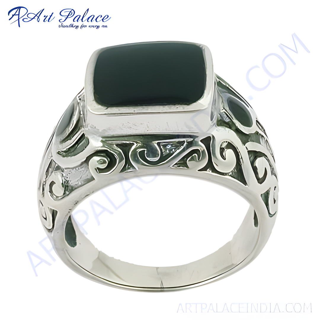 Sterling silver men's ring with a large square black onyx gemstone. A classic and stylish design.