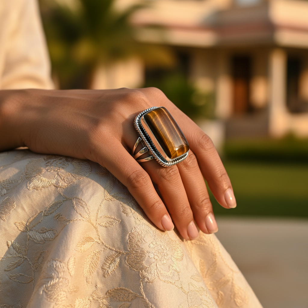 925 Silver Tiger Eye Ring | Rectangular Gemstone Ring for Women
