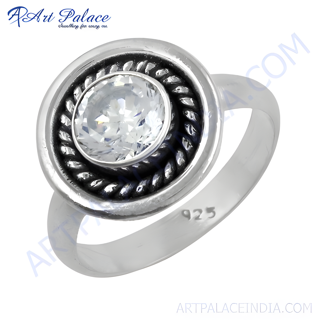 925 sterling silver ring with a sparkling round cubic zirconia center stone