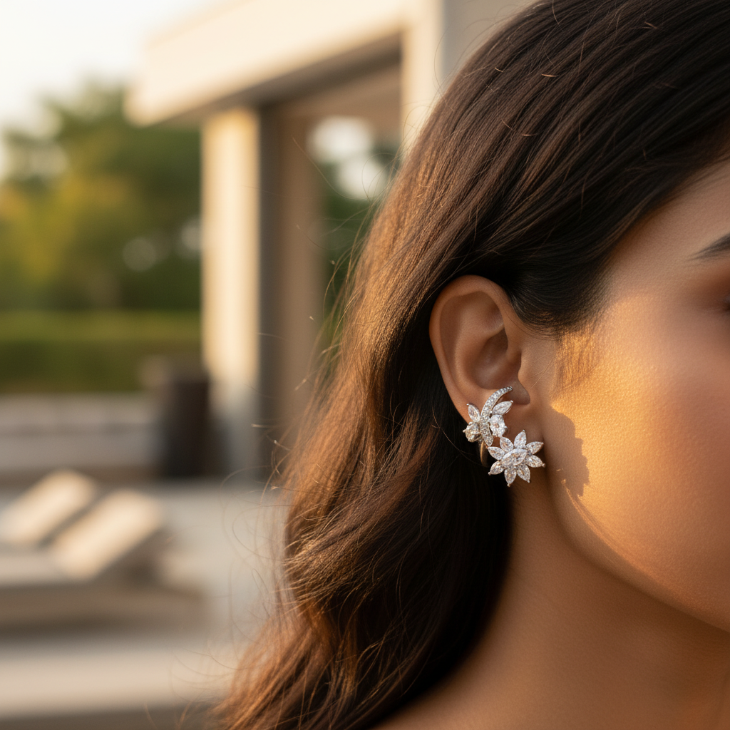 925 Silver Cubic Zirconia Flower Ear Cuff | Women's Jewelry