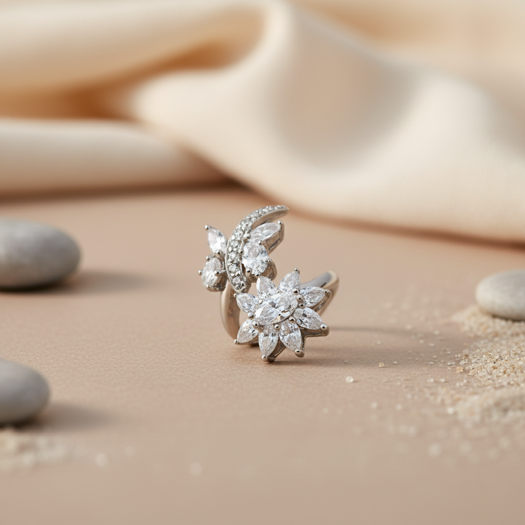 925 Silver Cubic Zirconia Flower Ear Cuff | Women's Jewelry