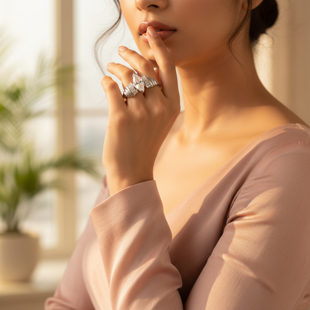 Silver Marquise Cut Ring with Baguette Accents | Women's Ring