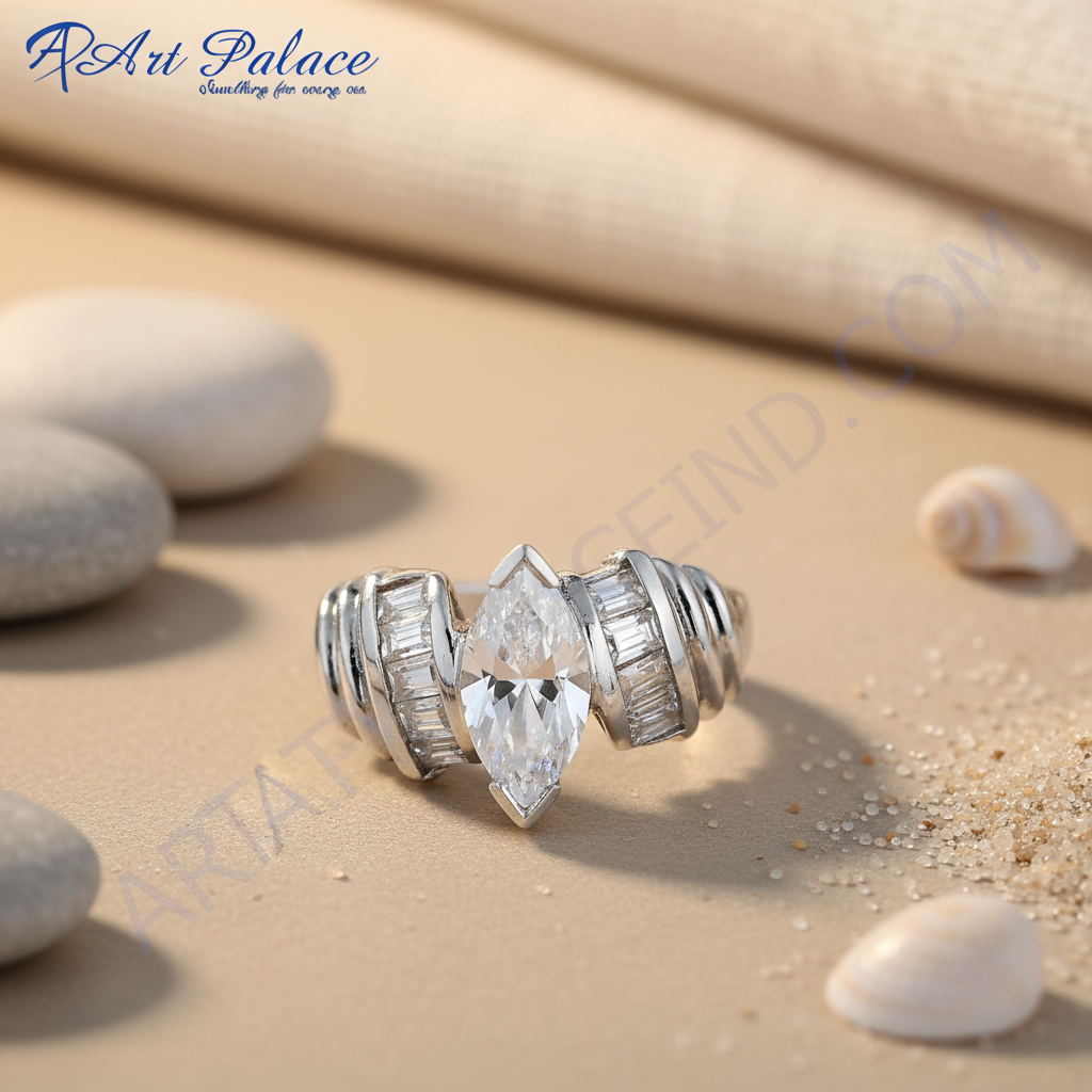 Silver Marquise Cut Ring with Baguette Accents | Women's Ring