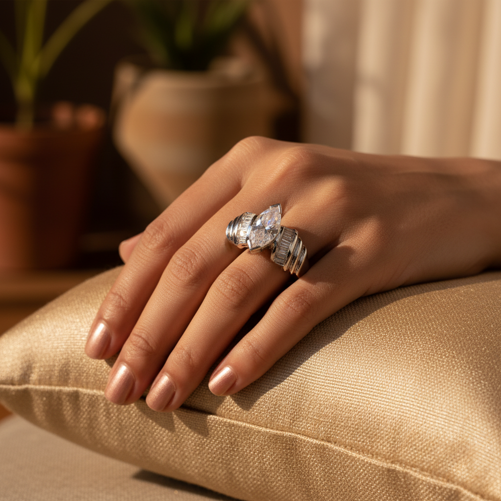 Silver Marquise Cut Ring with Baguette Accents | Women's Ring