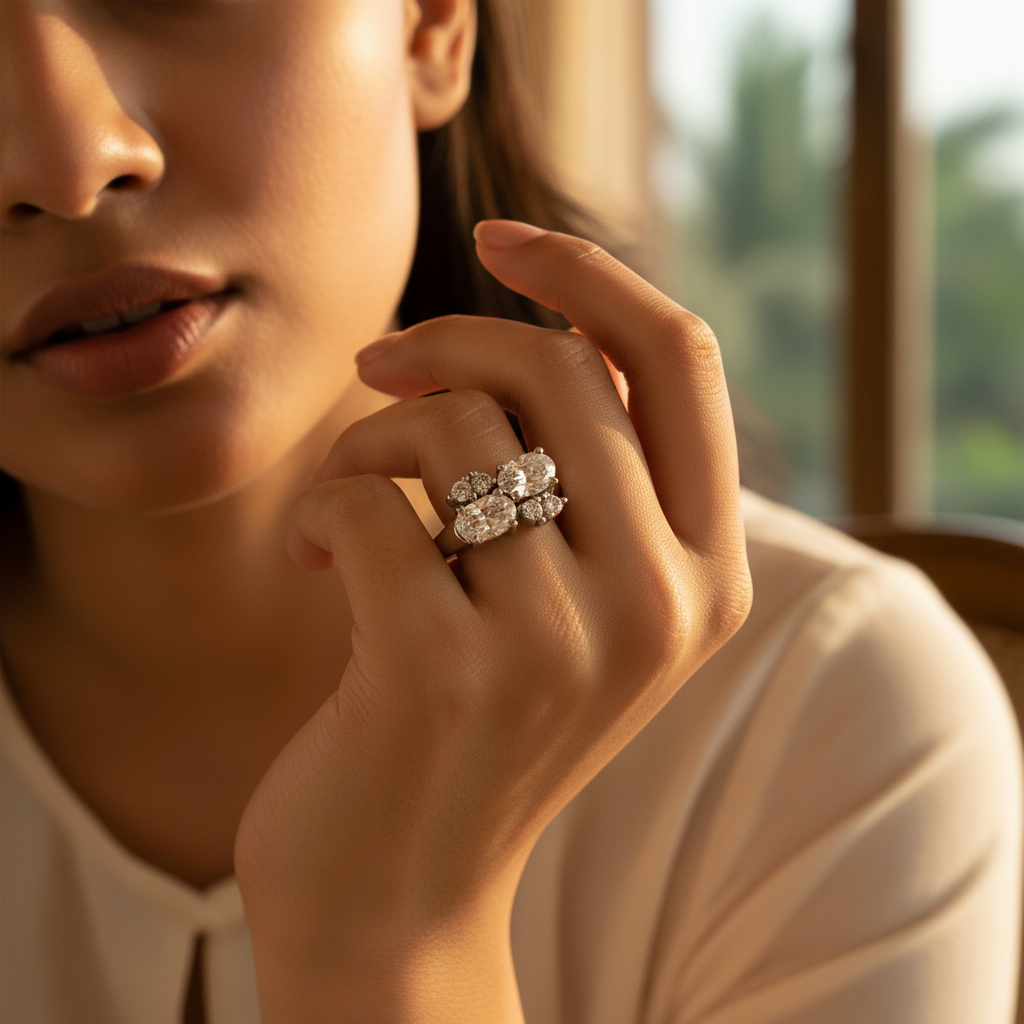 Silver Oval & Round Diamond Ring for Women | Engagement Jewelry