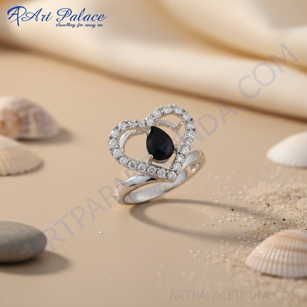 Silver heart ring with black gemstone | women's ring