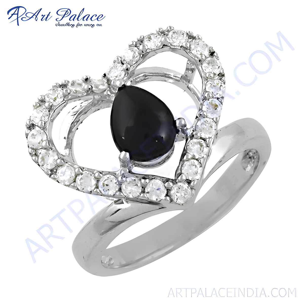 Sterling silver ring with a heart shaped design featuring a black gemstone, perfect for women
