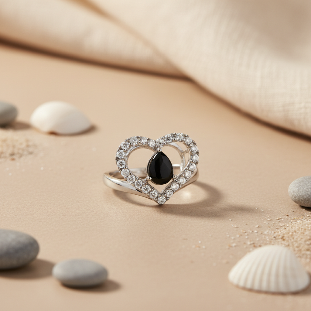 Silver Heart Ring with Black Gemstone | Women's Ring
