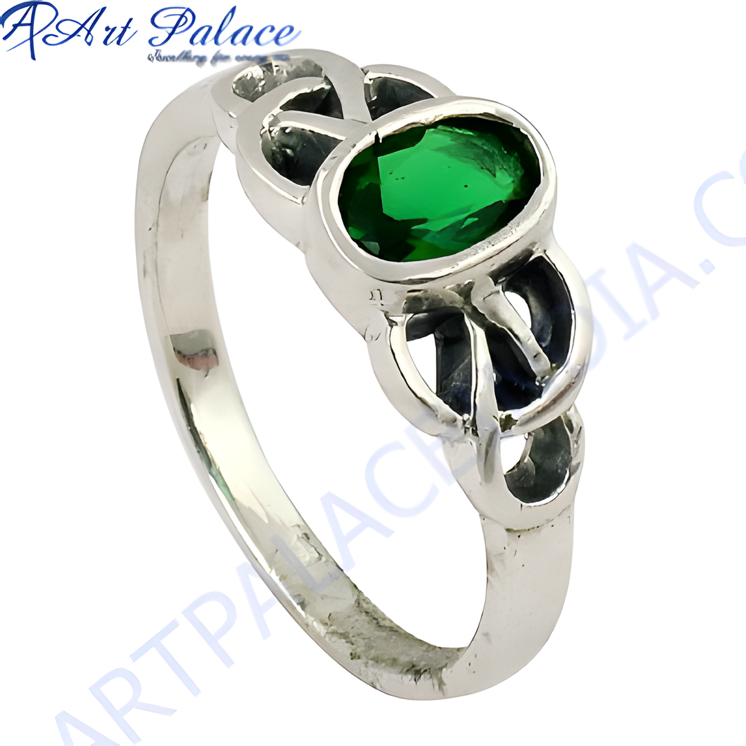 925 sterling silver ring with a green oval gemstone, featuring a stylish design.