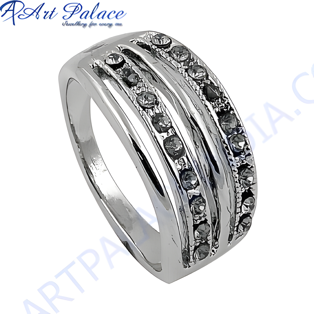 Silver ring with rows of sparkling cubic zirconia stones, perfect for daily wear and adding elegance to any look.
