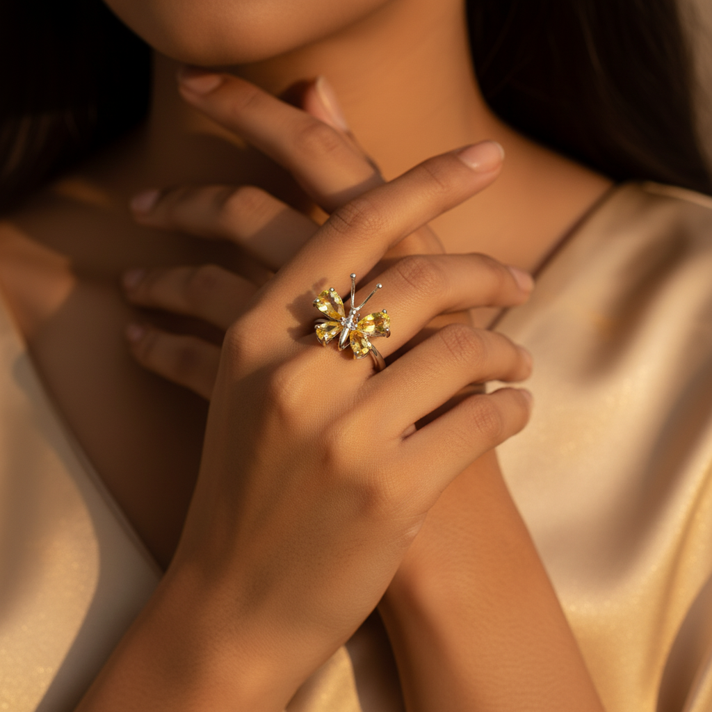 925 Silver Butterfly Ring with Yellow Gemstones | Women's Jewelry