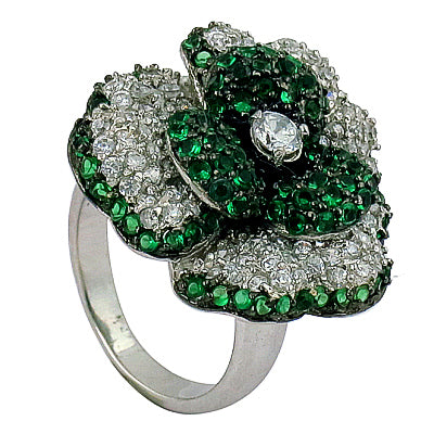 Silver Flower Ring with Green Gemstones | Women's Ring