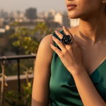 Load image into Gallery viewer, Silver Rose Ring | Black Enamel Flower Ring | Women&#39;s Jewelry
