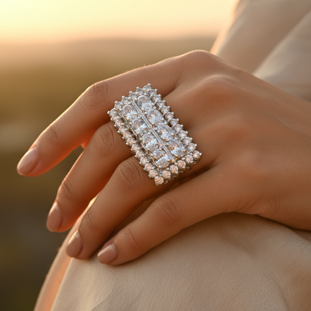 Silver Cubic Zirconia Cocktail Ring for Women | Statement Jewelry