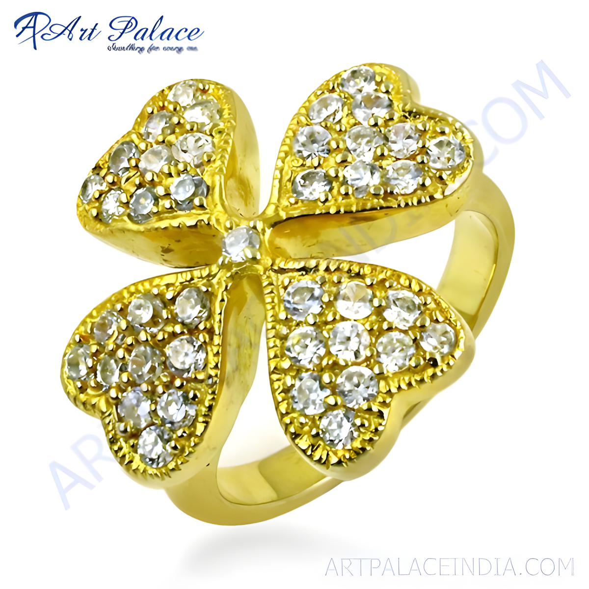 Gold plating clover ring with sparkling cubic zirconia gemstones