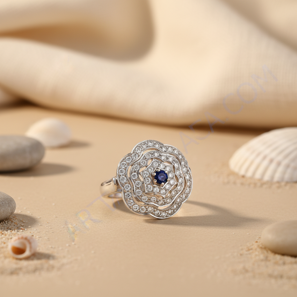 925 Silver Rose Ring with Sapphire & Diamonds | Women's Jewelry