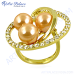 Load image into Gallery viewer, gold plating ring with three peach pearls and sparkling cubic zirconia stones, a beautiful piece of fashion jewelry.
