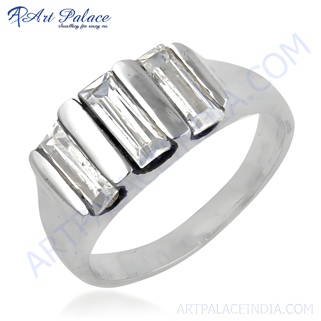 Sterling silver ring with baguette-cut white cubic zirconia stones, a modern and elegant design.
