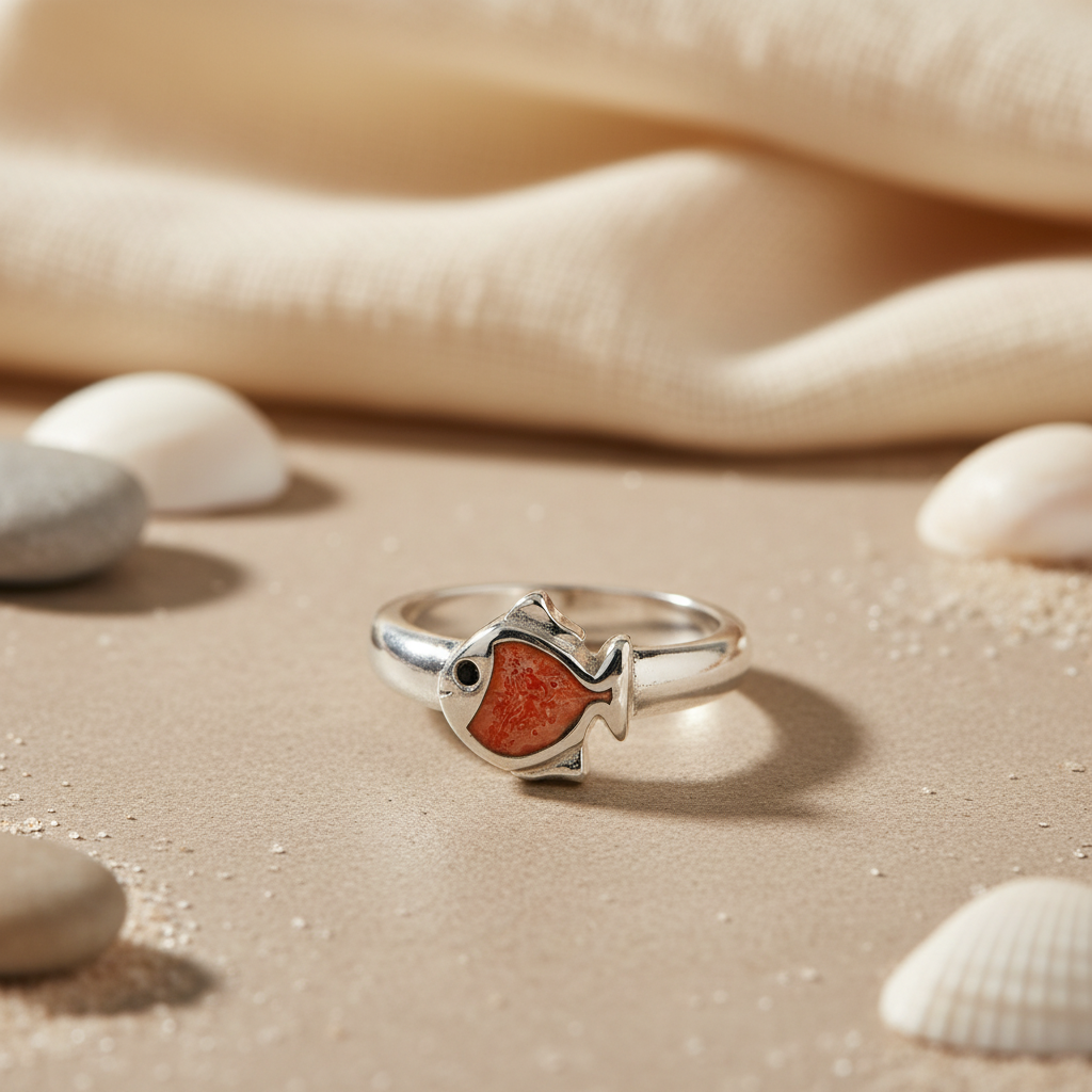 925 Silver Fish Ring with Coral Stone for Women | Gift