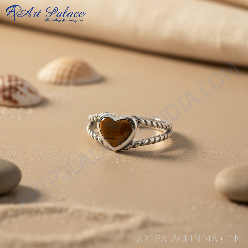 925 Sterling Silver Tiger Eye Heart Ring for Women