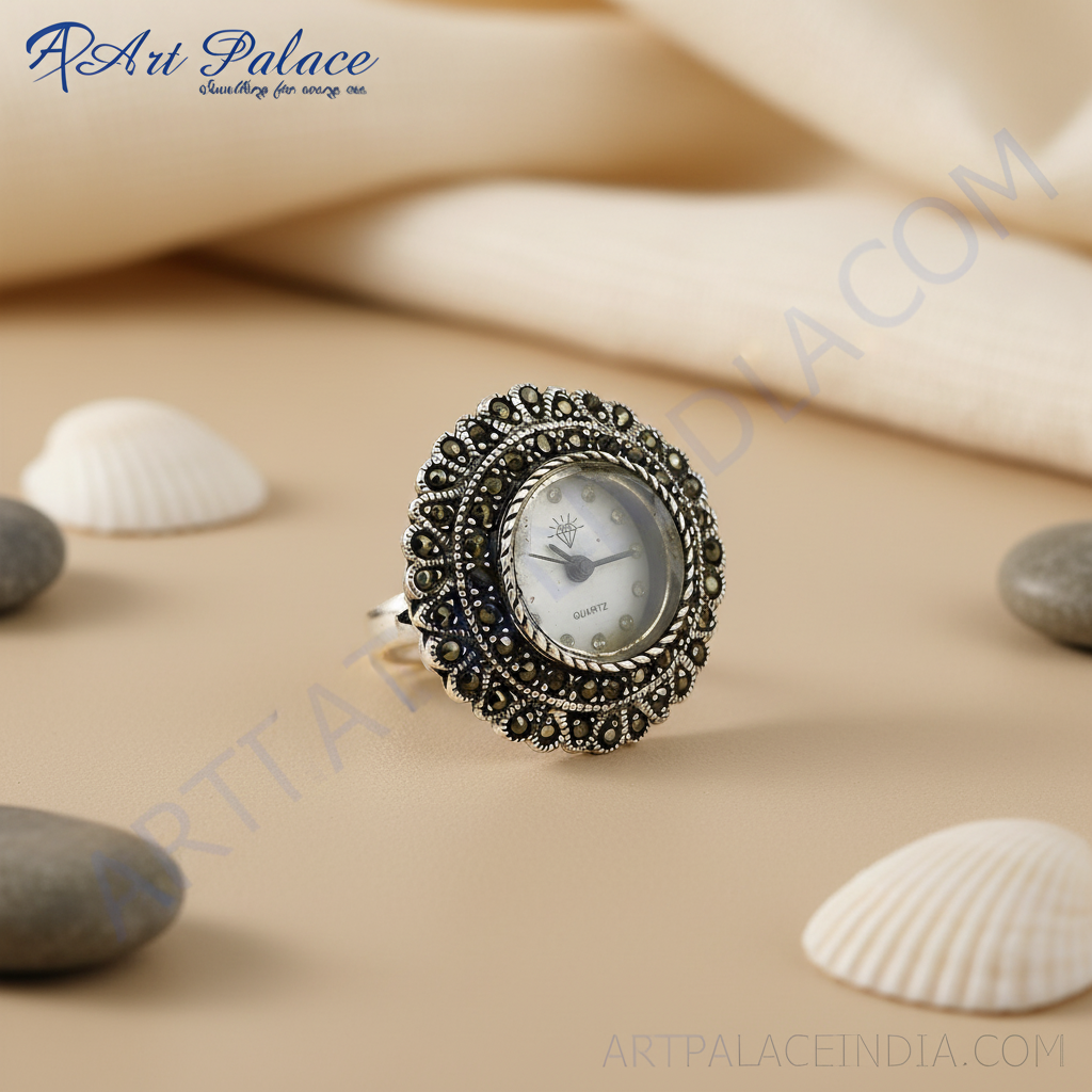 Silver Marcasite Quartz Watch Ring for Women | Gift