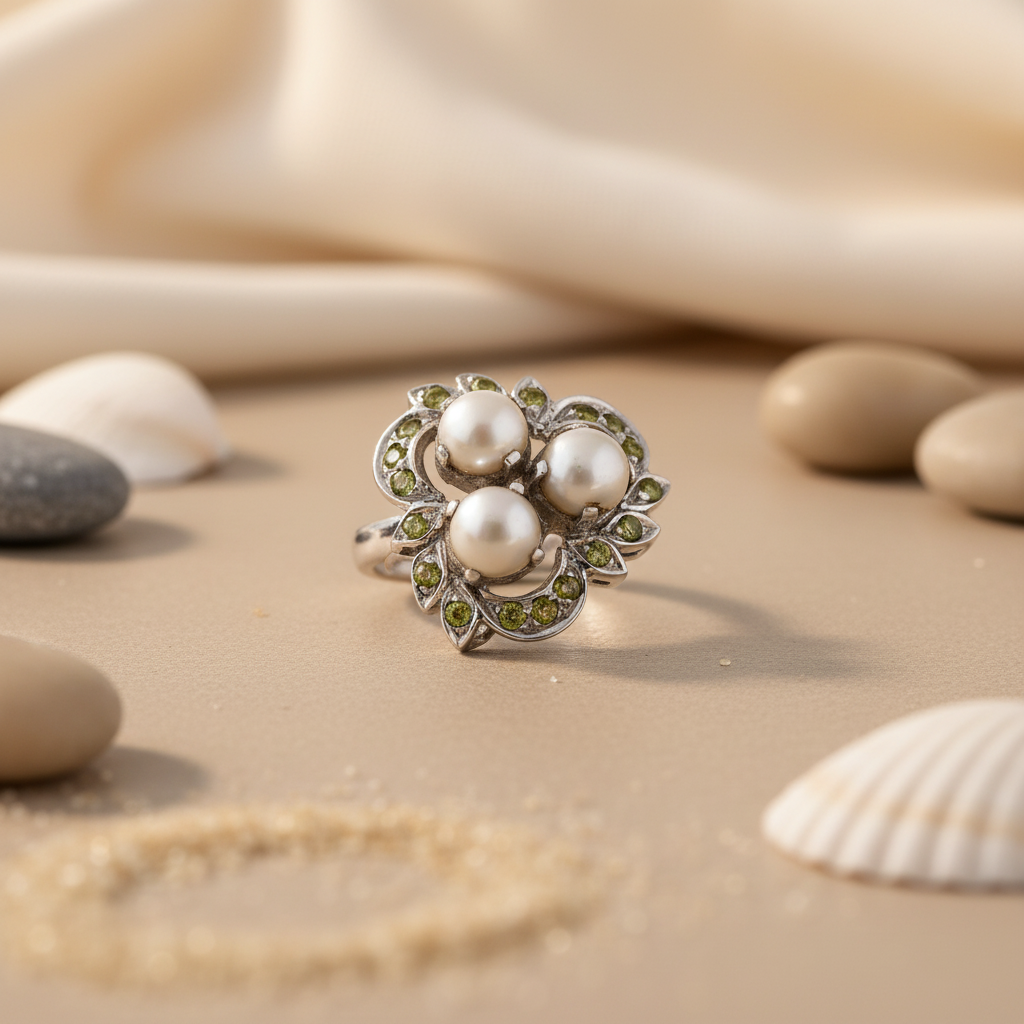 925 Silver Pearl & Peridot Ring for Women | Gemstone Ring