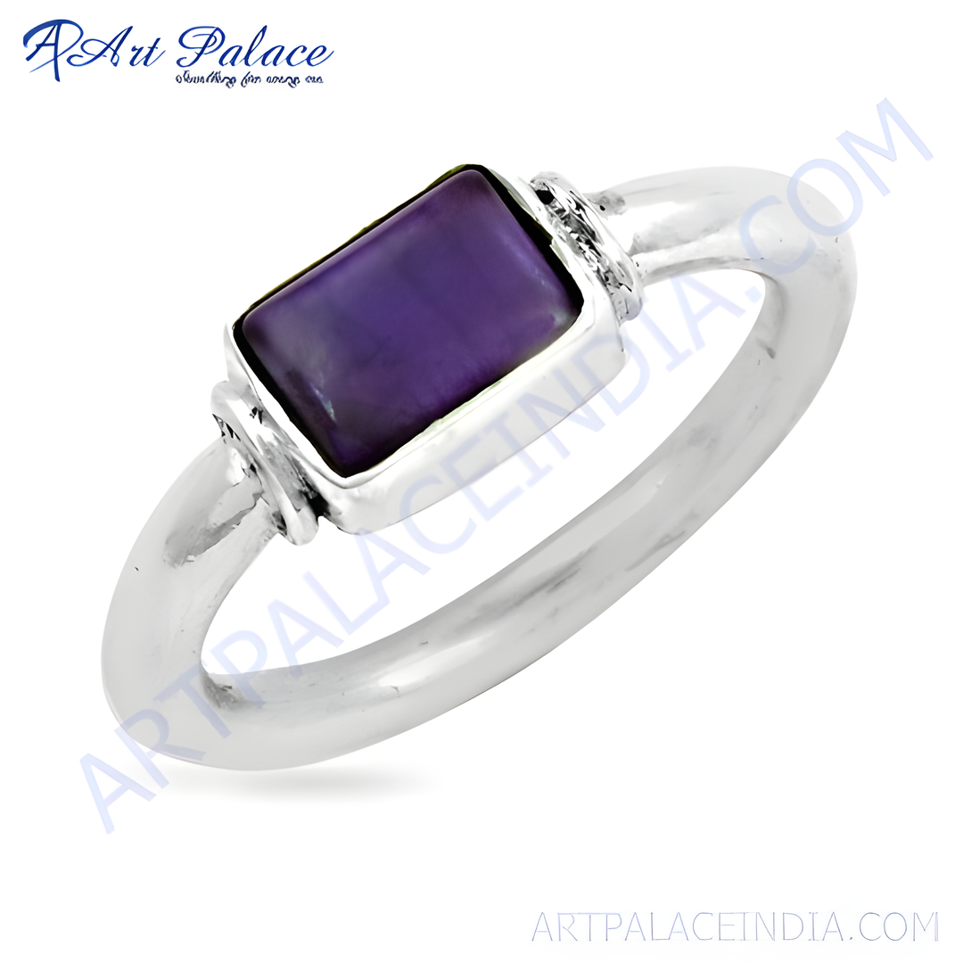 925 sterling silver ring with rectangular purple amethyst gemstone for women. Gemstone jewelry.