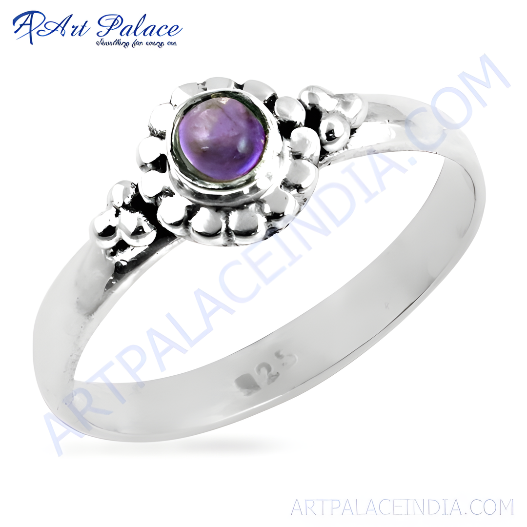 925 sterling silver amethyst ring with purple gemstone center, a floral design.