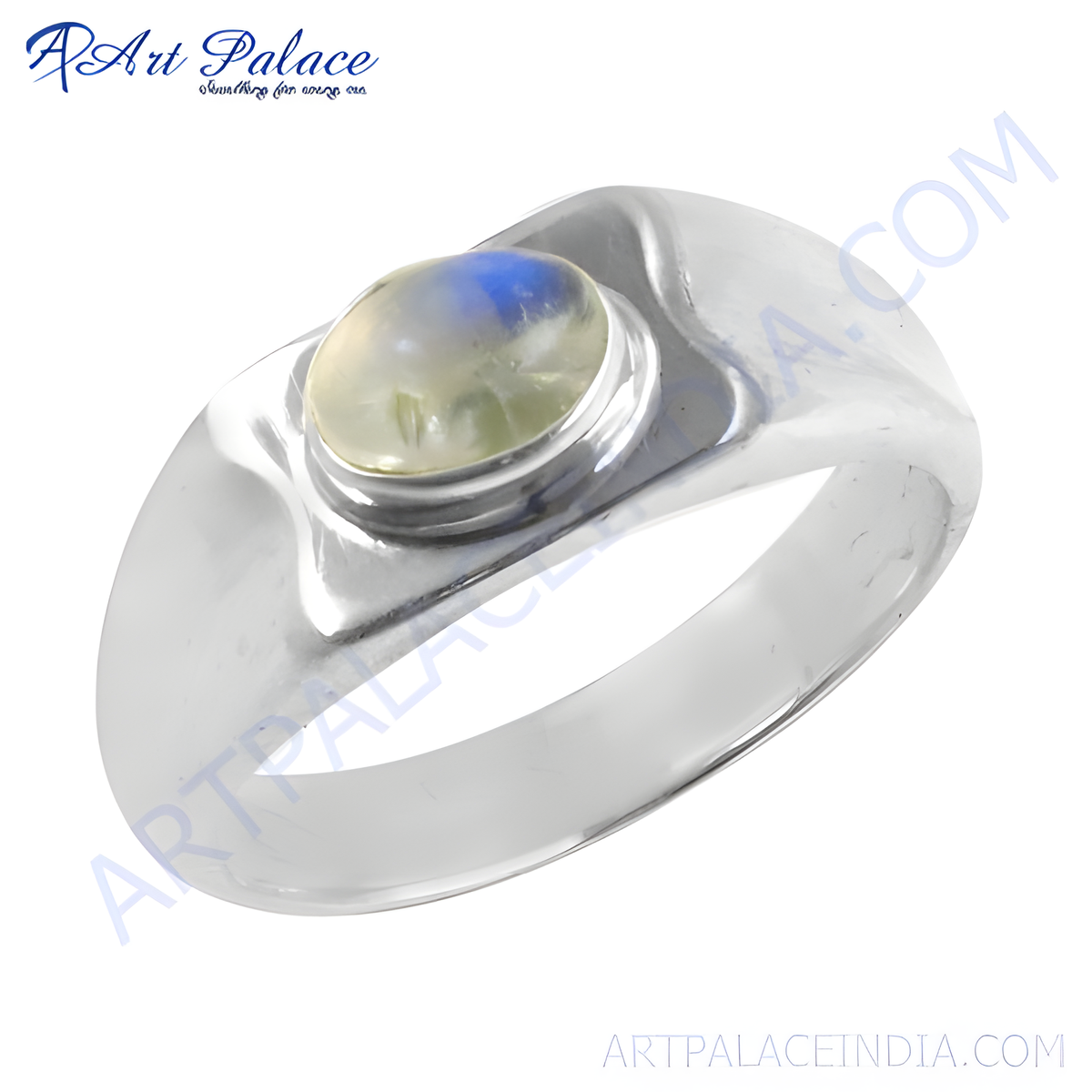 Sterling silver ring with an oval cut moonstone gemstone, showcasing a soft blue and white color