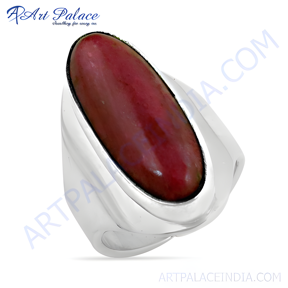 Silver ring with a large oval cut red gemstone; perfect for women