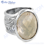 Load image into Gallery viewer, Silver statement ring with oval gemstone. Features a polished silver band with a faceted light-colored gemstone, perfect for women.
